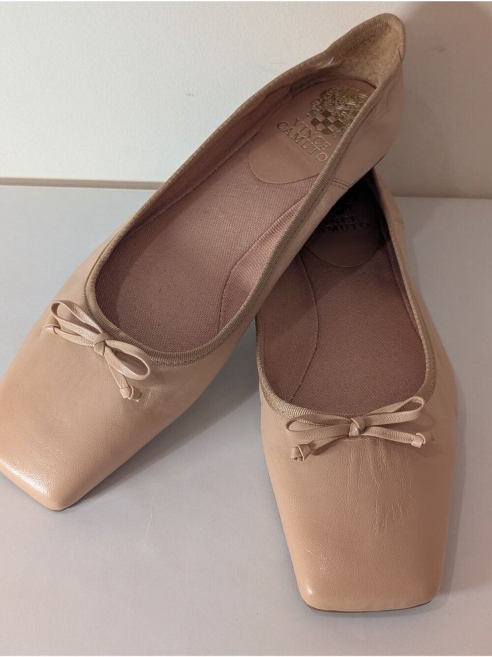 NEW Vince Camuto Leather Ballet Flat Square Toe with Bow, Camel, Size 9.5